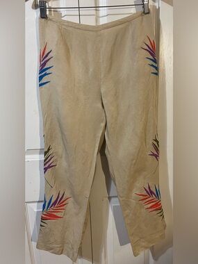 Via Seta Floral Embroidered Pants Women’s Silk Linen Blend Cropped Size 6